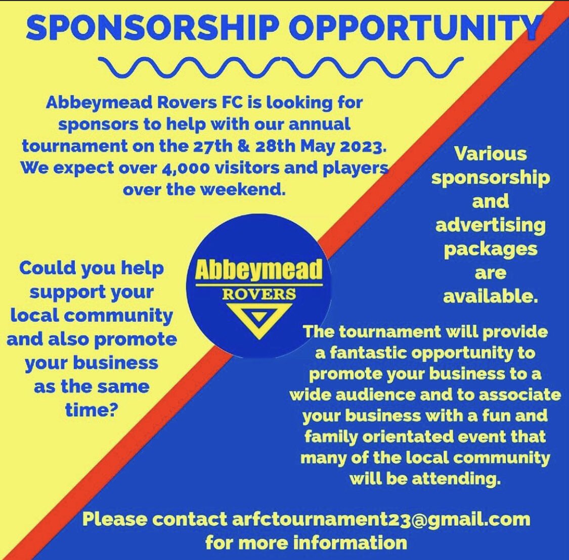 With our upcoming tournament in May, we are now seeking sponsors for both days, please see details below and if interested please get in contact using the email address