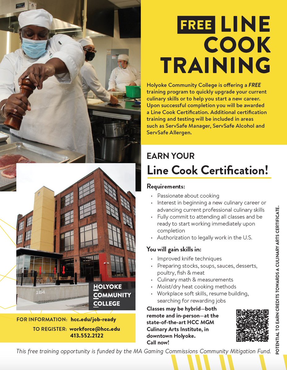 We are excited to share a free training opportunity from our friends <a href="/HolyokeCC/">Holyoke Comm College</a> 

With this program you can learn new skills, improve upon your current ones and earn your Line Cook Certification!

Let us help you take the next step in your culinary career: a5633.socialsolutionsportal.com/apricot-intake…
