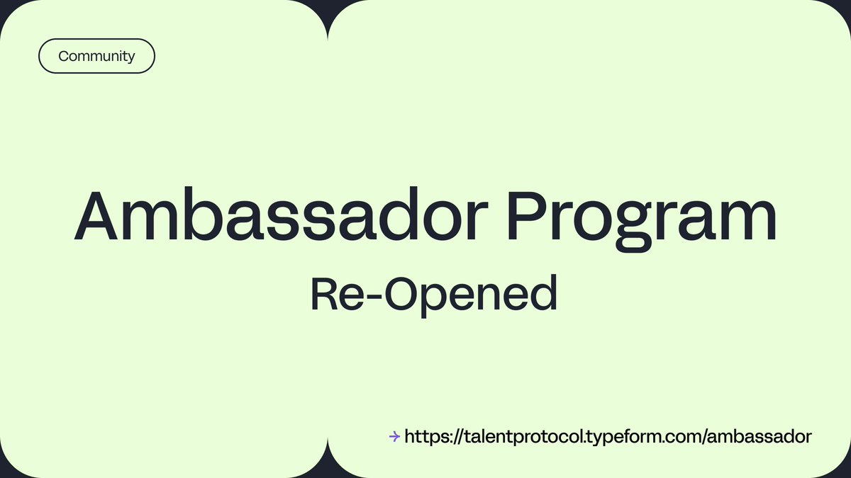 Talent_Protocol's tweet image. ✨Talent Protocol Ambassador Program✨

We&apos;re thrilled to announce the Ambassador Program is ready to expand &amp;amp; bring on new members! 🎉

🏆 Detailed description, rewards, and benefits: [talentprotocol.notion.site/Ambassadors-19…]

➡️ Sound like you will fit? Apply today: [talentprotocol.typeform.com/ambassador]