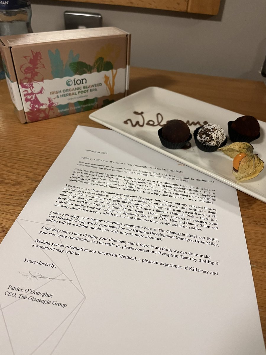 kyliebasnett's tweet image. Beautiful welcome to the @GleneagleHotel for the next few days of meetings at @MeithealIreland for @TrigonHotels @Failte_Ireland #Meitheal2023 #purecork