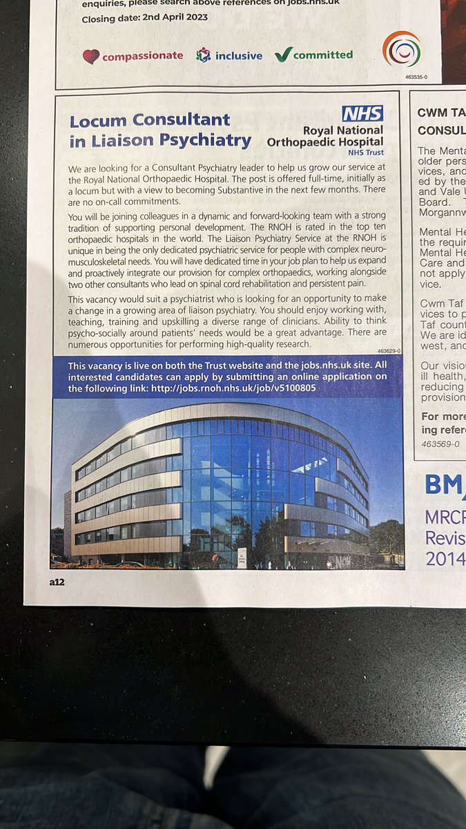 #jobopportunity #Psychiatry Come work with a dynamic, forward-thinking and supportive team in one of the best hospitals of its kind @RNOHnhs Help us develop our service. Opportunities for hi-quality teaching and research. Be the next leader in this field: bmj.com/careers/job/17…