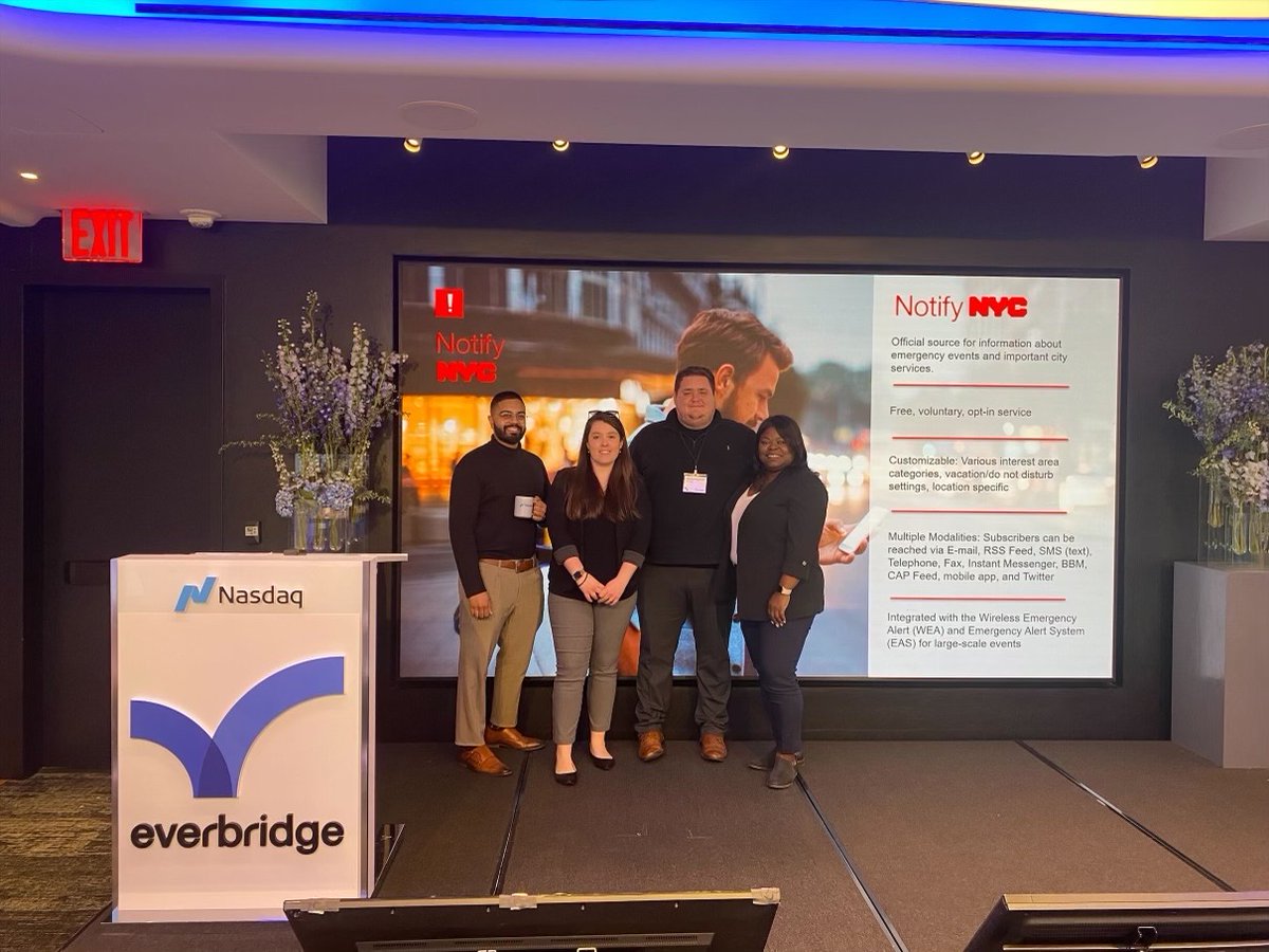 Today @bbaudendistelNY, Director of Public Warning at NYCEM, presented at @Everbridge 's 20th anniversary celebration! Everbridge allows us to issue emergency notifications around the clock. The Notify NYC team joined her at NASDAQ. Thanks for all you do to keep NYC safe, team!