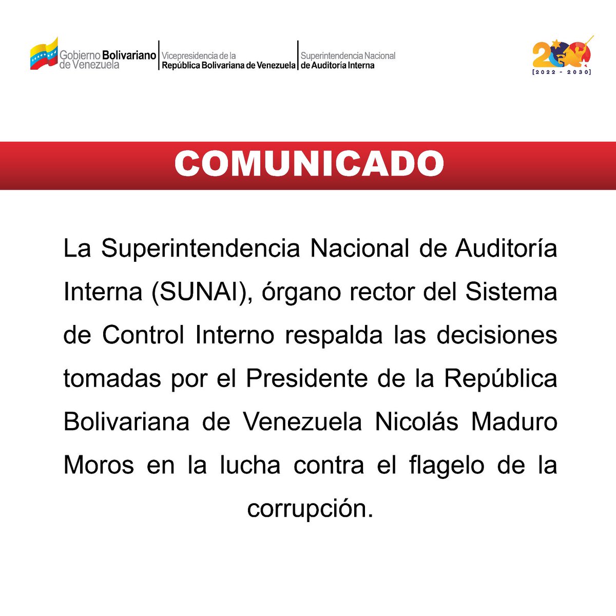 #20Mar l La Superintendencia Nacional de Auditoría Interna órgano rector del Sistema de Control Interno respalda las decisiones tomadas por el Pdte de la República Bolivariana de Venezuela <a href="/NicolasMaduro/">Nicolás Maduro</a> en la lucha contra el flagelo de la corrupción.

#JuntosContraLasMafias