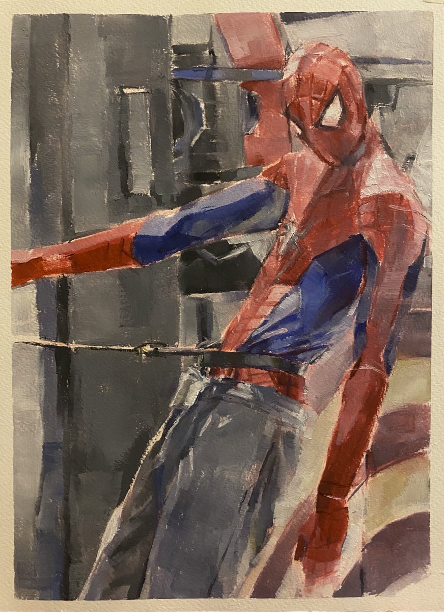 twinsmoon3's tweet photo. spiderman in sweatpants
oil on paper https://t.co/aK6WpIwC0P