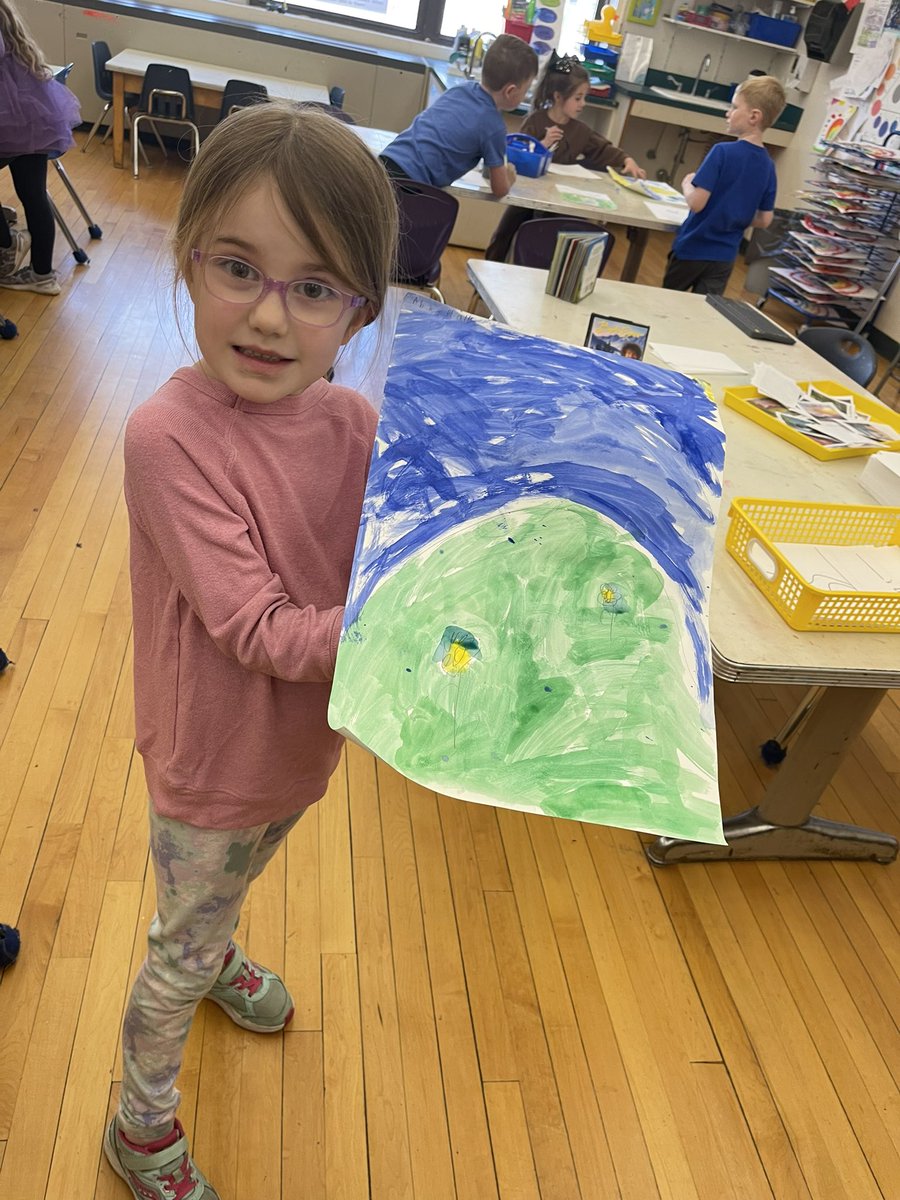 K-H learned all about Bob Ross, his pet 🐿️ Peapod, and the element of space with @HeartFilledArt! Ss used watercolors to create beautiful landscapes inspired by Bob Ross. 🖼️#happylittleaccidents #joyofpainting #enchancingthestudentexperience @Hubbard_School @ramseyNJschools