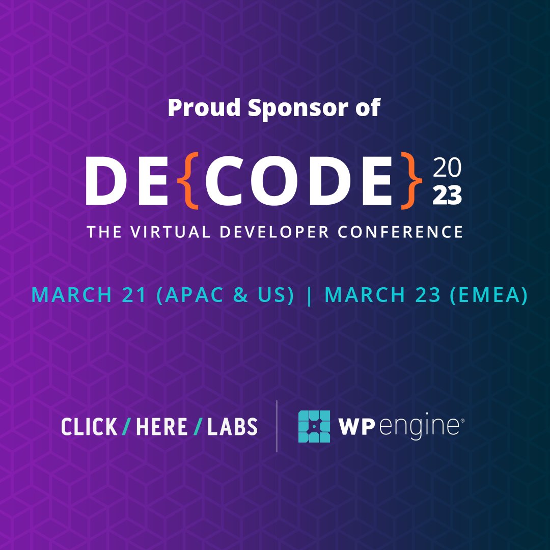 clickherelabs's tweet image. Excited to sponsor #wpeDECODE! 🌐 Join us Mar 21 &amp;amp; 23 for cutting-edge #WordPress insights. Don&apos;t miss our Dir. of Tech Production, Jonathan Jeter, on composable commerce with Atlas. 🛍️ Register free: wpeng.in/decode23/