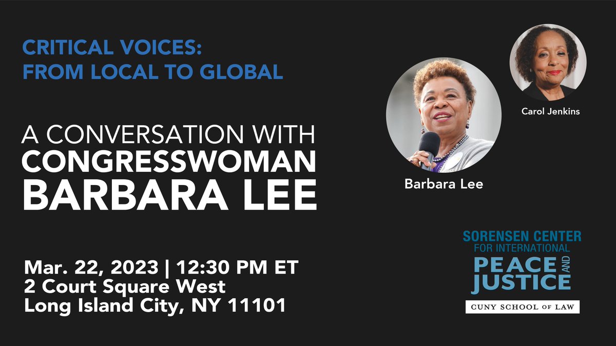 Sorensen Center (@sorensencenter) on Twitter photo Join lifelong civil rights advocate <a href="/RepBarbaraLee/">Rep. Barbara Lee (Archived)</a> and #ERA champion <a href="/CarolJenkins/">Carol Jenkins</a> for a <a href="/SorensenCenter/">Sorensen Center</a> #CriticalVoices discussion on Rep. Lee's leadership and courageous stances, including her lone vote against authorization of force after 9/11: bit.ly/0322CV Join lifelong civil rights advocate <a href="/RepBarbaraLee/">Rep. Barbara Lee (Archived)</a> and #ERA champion <a href="/CarolJenkins/">Carol Jenkins</a> for a <a href="/SorensenCenter/">Sorensen Center</a> #CriticalVoices discussion on Rep. Lee's leadership and courageous stances, including her lone vote against authorization of force after 9/11: bit.ly/0322CV