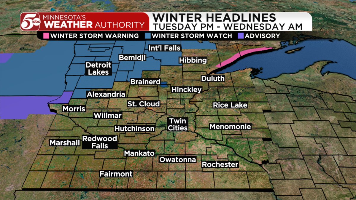 A Winter Storm Watch and Winter Storm Warning are in effect for parts of northern and northwestern Minnesota.

The next round of accumulating snow stays up north, but rain and snow are still possible in the Twin Cities.

Here's my latest forecast: https://t.co/nWFaAnUy8J https://t.co/QE1UH0fe5O