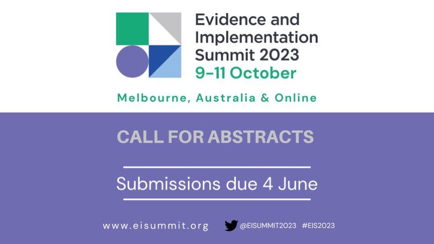 eisummit2025's tweet photo. Mark your diaries, submissions are due 4 June for the #EIS2033 call for abstracts #ImpSci #Evidence #Research #ImpPractice https://t.co/VjPEcUWFhx
