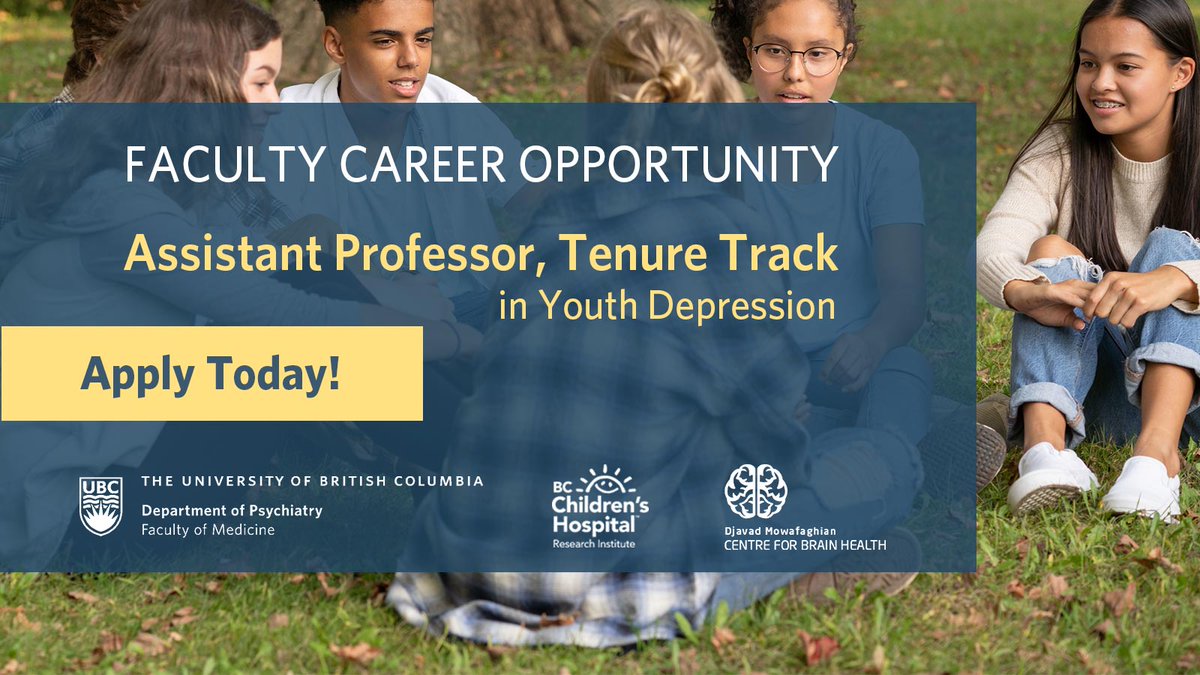 FACULTY CAREER OPPORTUNITY! <a href="/UBC_Psychiatry/">UBC Department of Psychiatry</a>, in partnership with <a href="/BCCHresearch/">BC Children's Hospital Research Institute</a> and <a href="/DMCBrainHealth/">Djavad Mowafaghian Centre for Brain Health</a>, is currently recruiting for an Assistant Professor (Tenure Track) in the area of high-complexity psychiatric youth with depression. Get full job info here:
bit.ly/3JyQ5NN