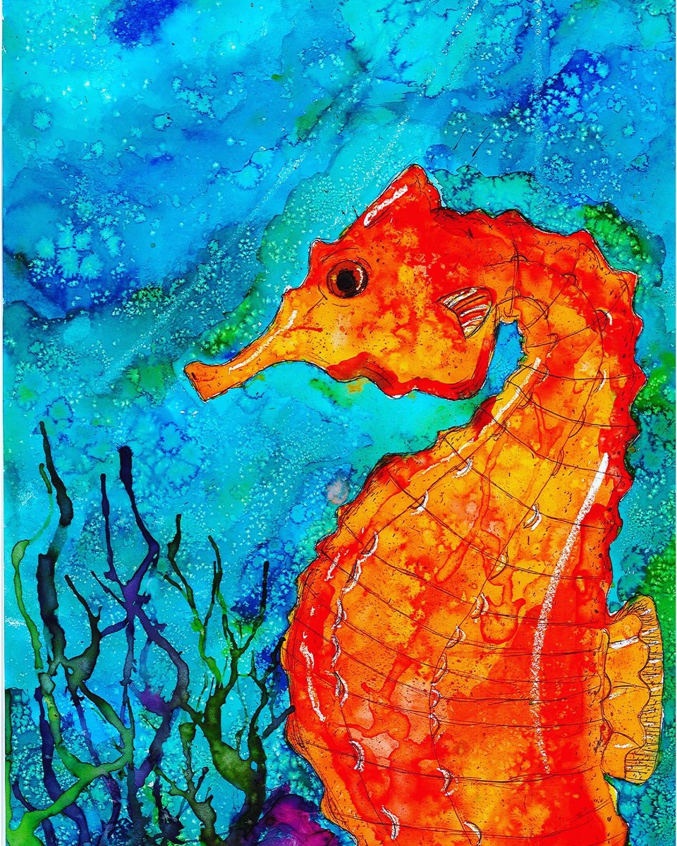 ArtMrsLewis's tweet image. Year 9 had lots of fun making these seahorse paintings! Lots of experimental techniques using ani-linky dyes. Wow 🤩 #KS4art #studentart #splishsplash💦 #edutwitter