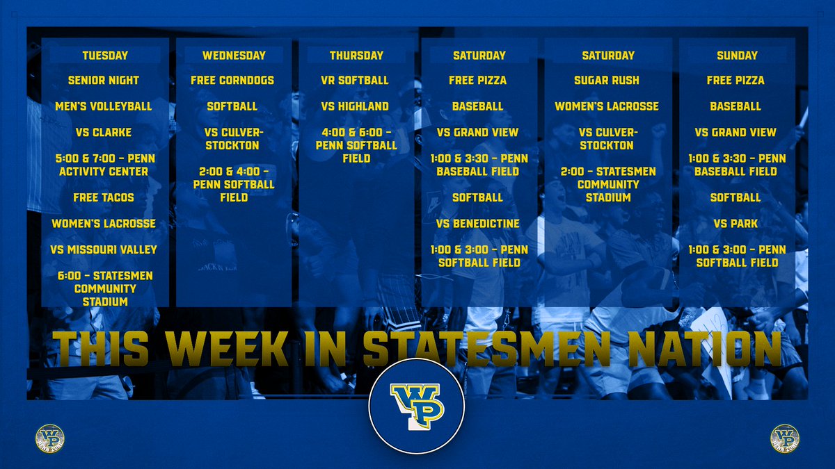 🚨This Week in Statesmen Nation! 

Tuesday- 🏐🎓🏐🥍🌮
Wednesday - 🥎🌭🥎
Thursday - 🥎🥎
Saturday - ⚾️🍕⚾️🥎🍕🥎🥍🍪
Sunday - ⚾️🍕⚾️🥎🍕🥎

🎟️ - statesmenathletics.com/ticketing