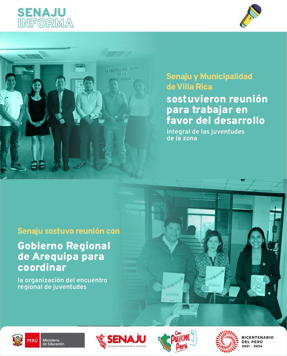 🔴📰 #SenajuInforma 
👉Senaju y la Municipalidad Distrital de Villa Rica realizarán acciones conjuntas para impulsar iniciativas de juventud.
👉Senaju y el Gobierno Regional de Arequipa se reúnen para coordinar el Encuentro Regional de Juventudes.
