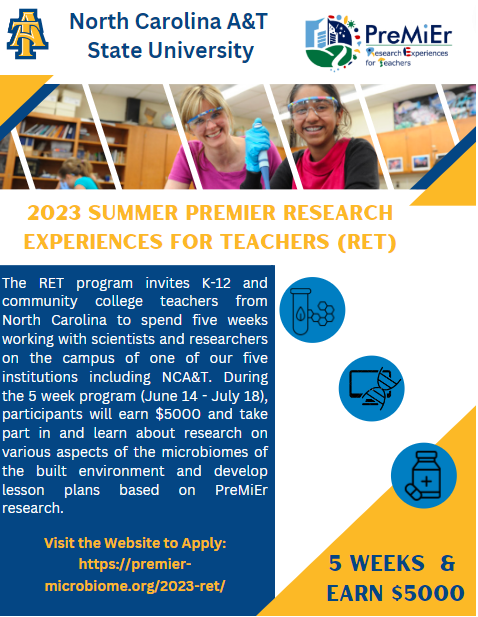 Are you a current K-12 teacher or community college instructor interested in a summer professional development opportunity?

Join PreMiEr for its inaugural Research Experiences for Teachers (RET) program for the Summer of 2023.

To read more AND apply: premier-microbiome.org/2023-ret/