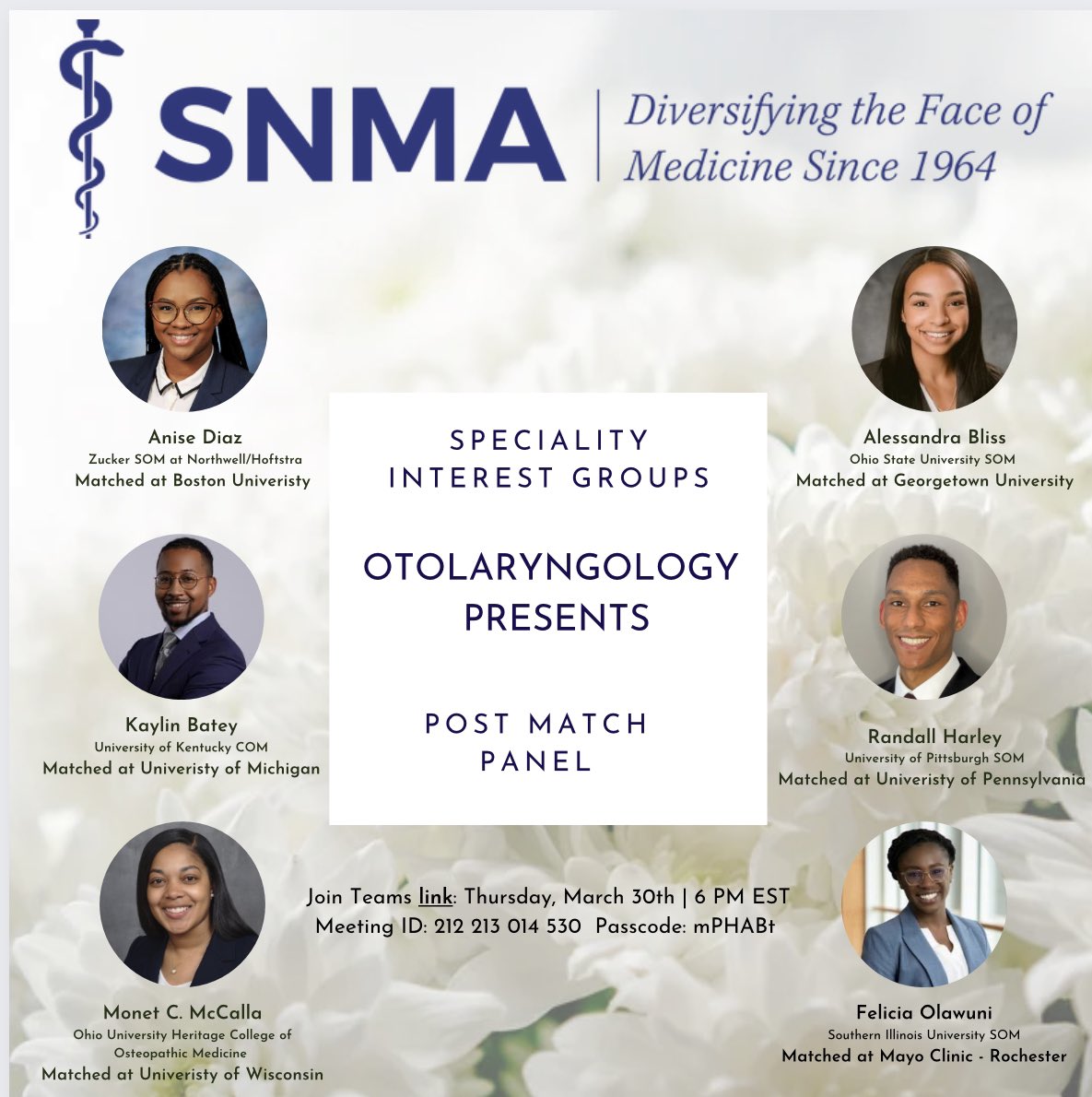 Congrats to the new ENTerns!!🥳🎉We’re so excited for you all! Please join the SNMA ENT student group for our ENT Post Match Panel. All are welcome to congratulate these amazing individuals and learn how to successful match into ENT! March 30th at 6pm EST #Match2023 #OtoMatch23