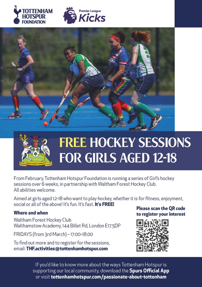 🔈There’s 3 weeks left of the FREE hockey sessions for girls age 12-18 that we’re running in conjunction with <a href="/SpursFoundation/">Tottenham Hotspur Foundation</a>. Know someone who might want to give it a go? Tell your mates, daughters, sisters - all welcome 🏑 #WFHC #Hockey #thisgirlcan #pickupastick #getintosport