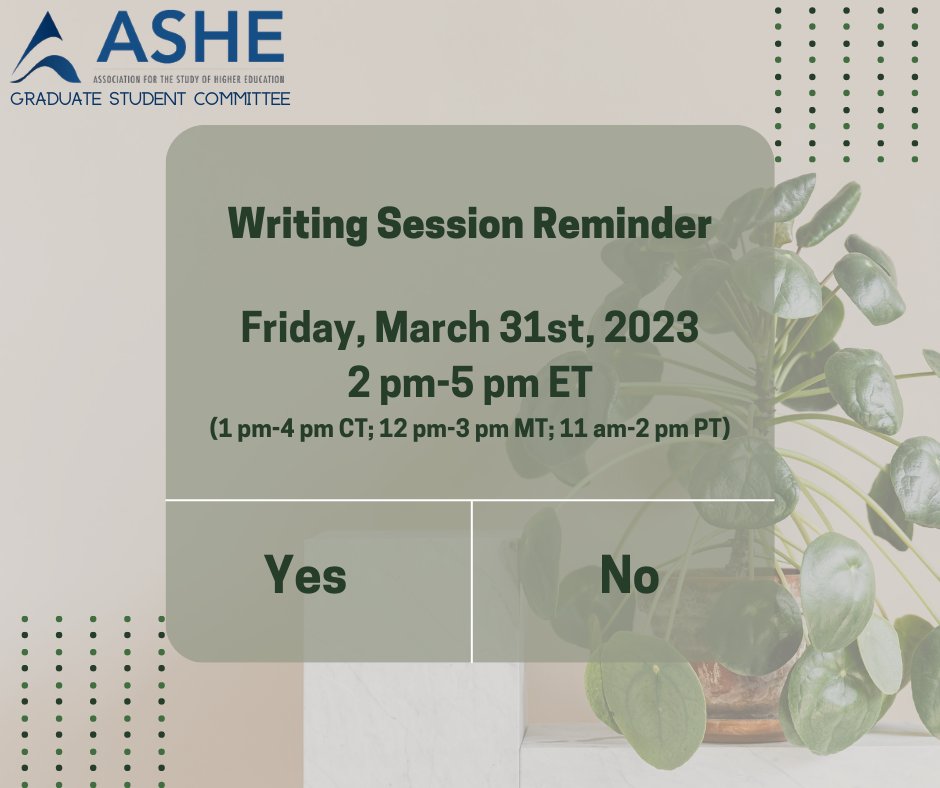 ashegrads's tweet photo. We are hosting our first virtual writing session for the spring semester on Friday, March 31st from 2:00-5:00 PM EST.
Register here: https://t.co/JreJYSD7AG
See y'all there!
#ASHEgrads #ASHEwrites #ASHEcommunity #ASHEgsc https://t.co/8fJnApA6p3