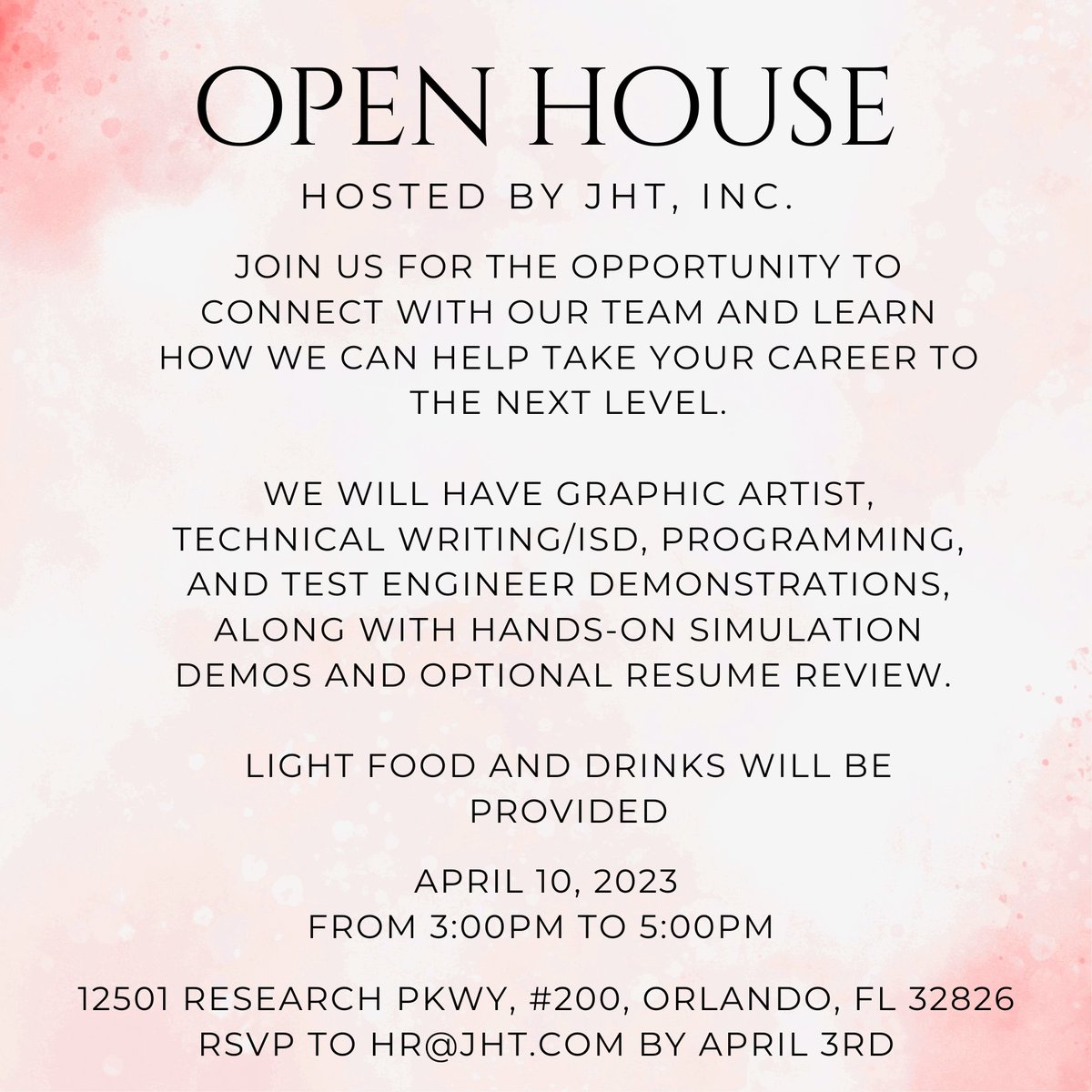 Want to learn what it's like working for JHT? Join us at our Open House to connect with our team, learn how to take your career to the next level, and enjoy free food and beverages.

#career #openhouse #connect #orlando #orlandobusiness  #opportunity #learning  #resumereview #jht