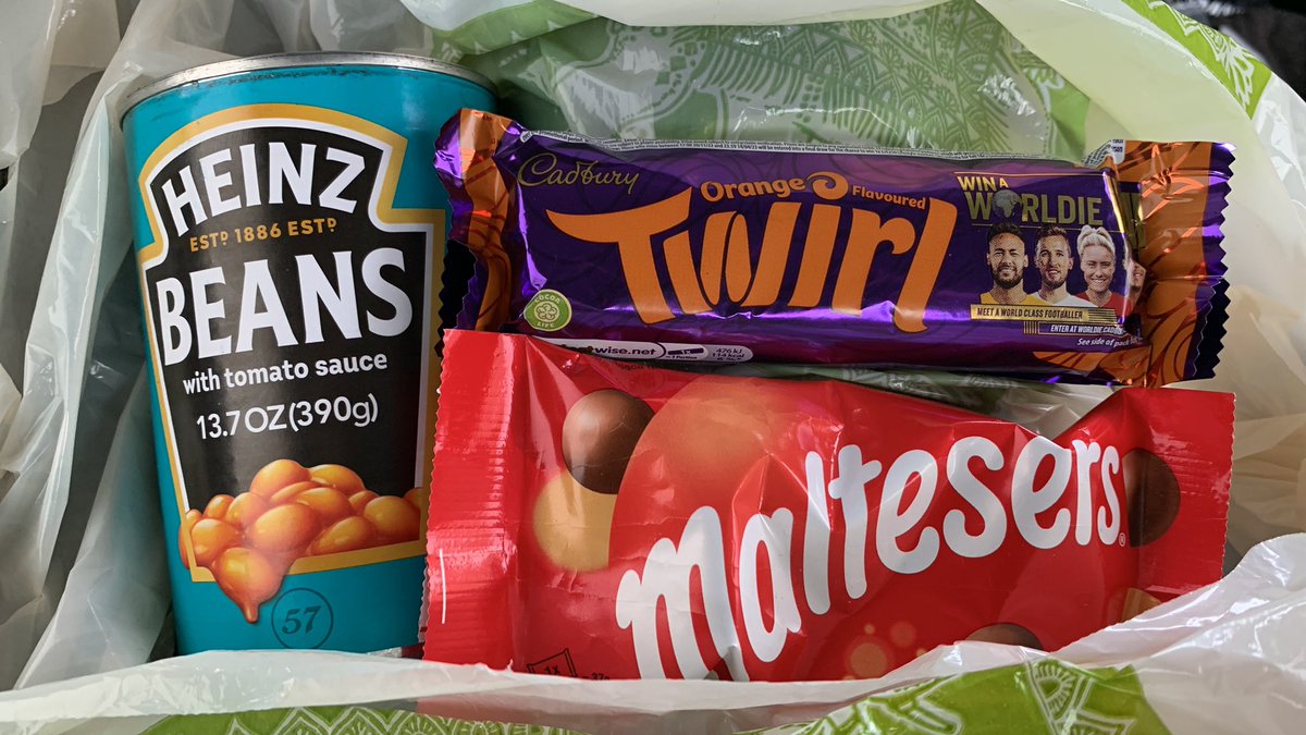 brimakesamess's tweet photo. British snack haul. #britishfoods #britishcandy #heinzbeans #cadburytwirl #maltesers https://t.co/VKZrTz5rgK