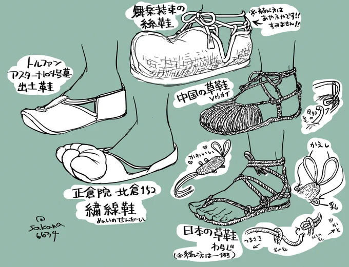 「鞋」と呼ばれる履き物、甲と踵でパーツ分けされて、紐が通される構造がよく見られるようなので、その紐が発達したのが日本の草鞋(わらじ)なのかなあと思って並べてみました。草鞋の結び方は一例です。 