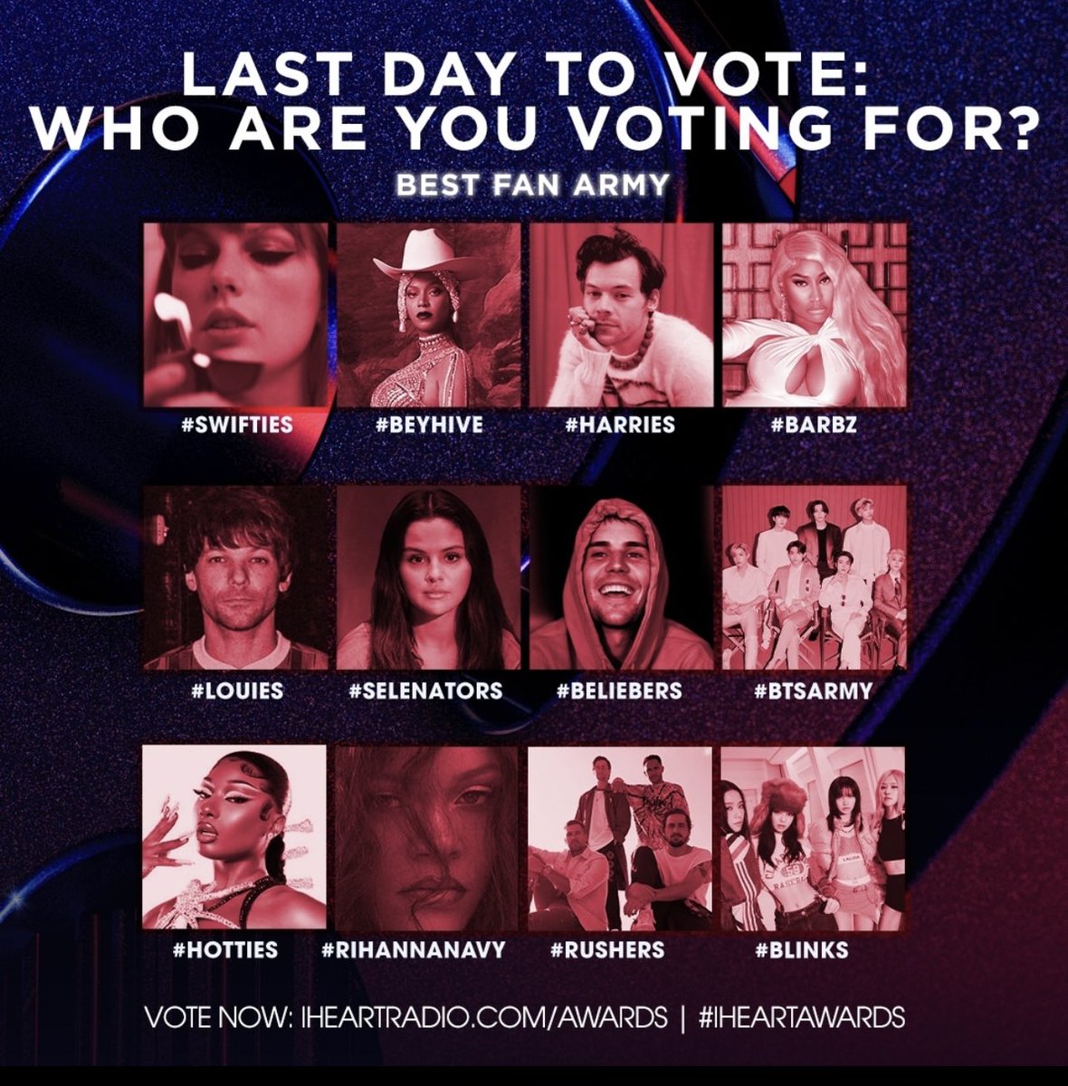 I’m voting for #Beliebers for #BestFanArmy at the #iHeartAwards! 

You can vote too by tweeting the 3 hashtags and online at iHeartRadio.com/awards today is the last day!