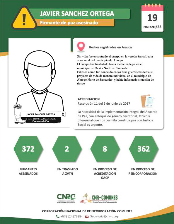 CNRCOMUNES's tweet photo. 😭Lamentamos observar que los hechos de violencia contras las personas en proceso de #Reincoporación no paran, ayer, fue encontrado el cuerpo sin vida del #FirmanteDePaz🕊️ Javier Sánchez Ortega, en la vereda Santa Lucia zona rural del municipio de Ábrego #NorteDeSantander https://t.co/7PLHoVMEK8