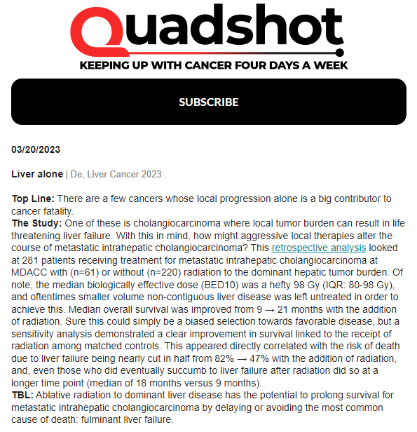 Brian De, MD (@briandemd) on Twitter photo Love the QuadShot summary titles 😅
Thank you <a href="/QuadShotNews/">QuadShot News</a> for featuring our work on M1 intrahepatic cholangiocarcinoma today - we're eager to validate these findings with several planned studies
<a href="/eugenekoay/">Eugene J. Koay, MD, PhD</a> <a href="/ebludmir/">Ethan Ludmir MD</a>
#radiotherapy #cholangiocarcinoma <a href="/curecc/">Cholangiocarcinoma Foundation</a> Love the QuadShot summary titles 😅
Thank you <a href="/QuadShotNews/">QuadShot News</a> for featuring our work on M1 intrahepatic cholangiocarcinoma today - we're eager to validate these findings with several planned studies
<a href="/eugenekoay/">Eugene J. Koay, MD, PhD</a> <a href="/ebludmir/">Ethan Ludmir MD</a>
#radiotherapy #cholangiocarcinoma <a href="/curecc/">Cholangiocarcinoma Foundation</a>