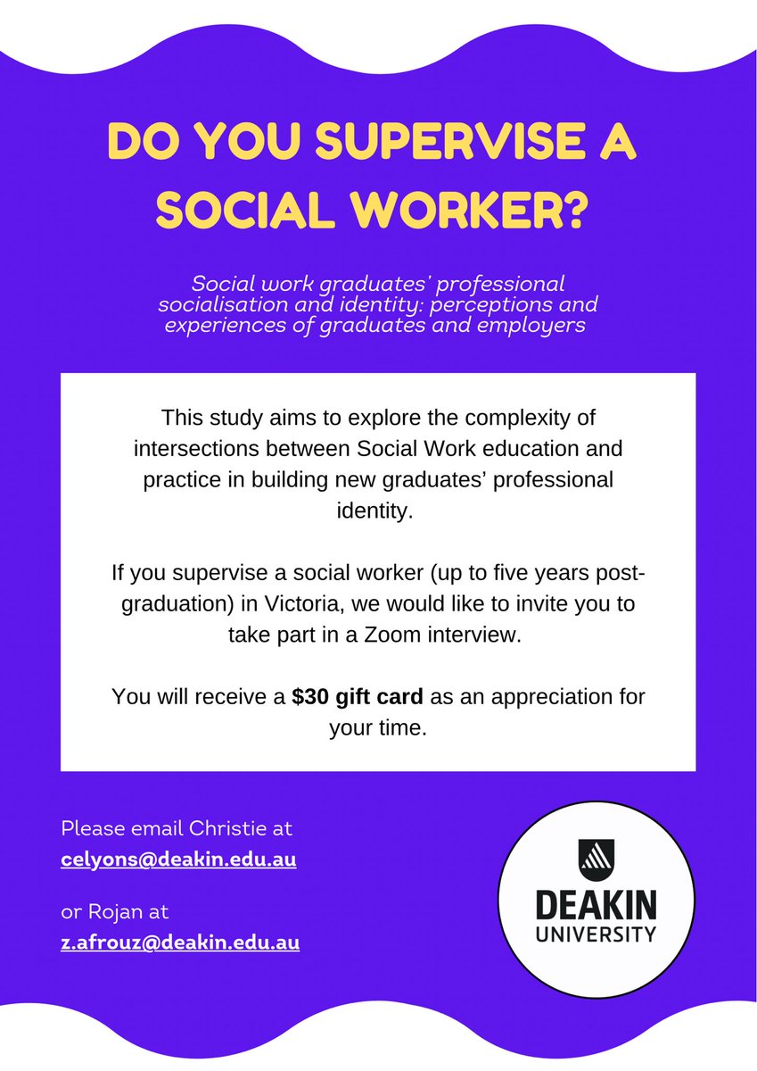 ⭐️ Seeking research participants ⭐️

If you are an employer/supervisor of social workers, we’d love to hear from you! #socialwork #research @deakinresearch @DeakinHealth #socialworkgraduate