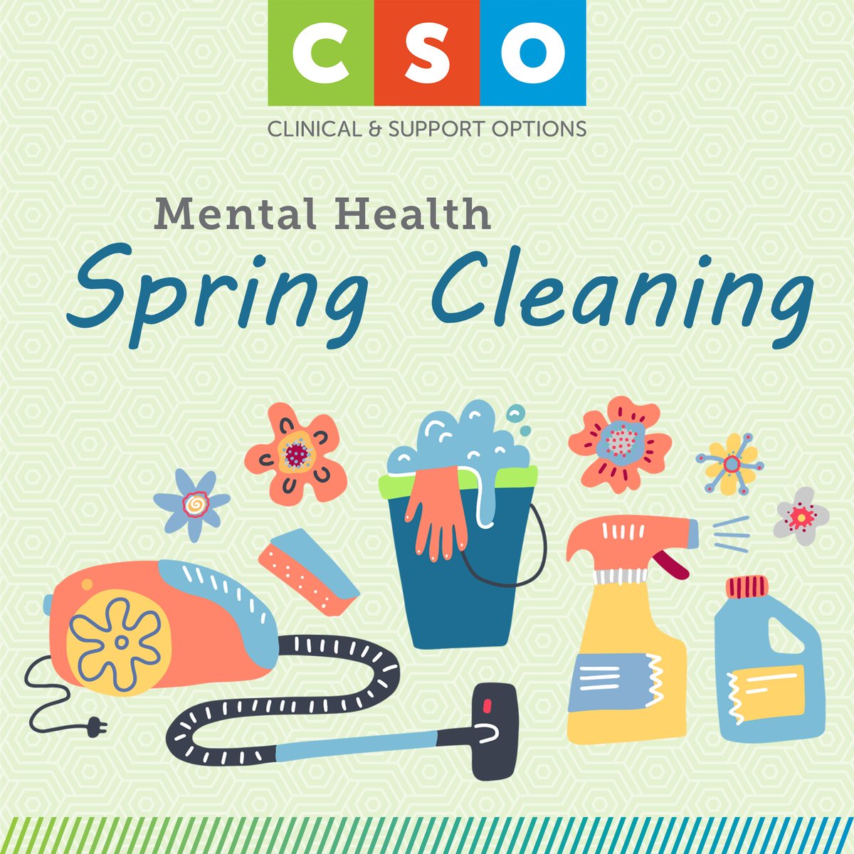 Add your #mentalhealth to that #springcleaning list:

☑️  Sweep away negative self-talk. 🧹  
☑️  Brush up on your regular nightly sleep. 🧽  
☑️  Soak up the support and companionship of friends. 🛁 
☑️  Reorganize your schedule to include a little “me” time. 🗃️