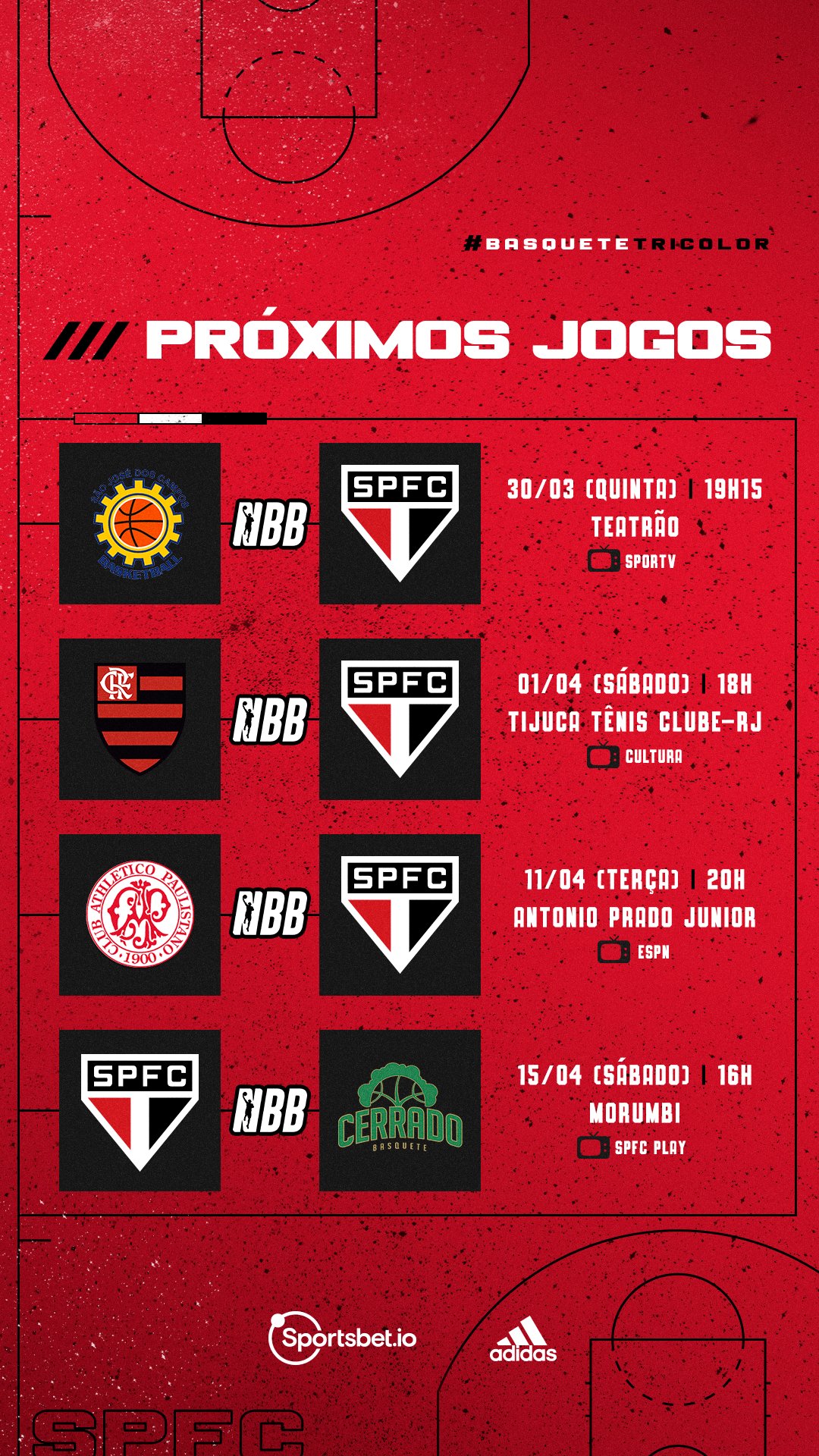 SPFC Basquetebol - São Paulo Futebol Clube - Confira a lista dos próximos  jogos do Basquete Tricolor. Anota, aí! 🗓️ #BasqueteTricolor #VamosSãoPaulo  🇾🇪