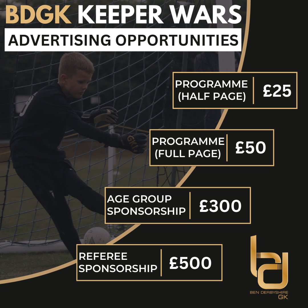 BenDerbyshireGK's tweet photo. BDGK KEEPER WARS 2023 π
ADVERTISING/SPONSORSHIP OPPORTUNITIES π£οΈ
As we start to get closer to this years tournament, I am once again looking for sponsors to help support the event.
#support #sponsorship #localbusiness #business #keeperwars #teambdgk #advertising https://t.co/RGp8NsXUP7