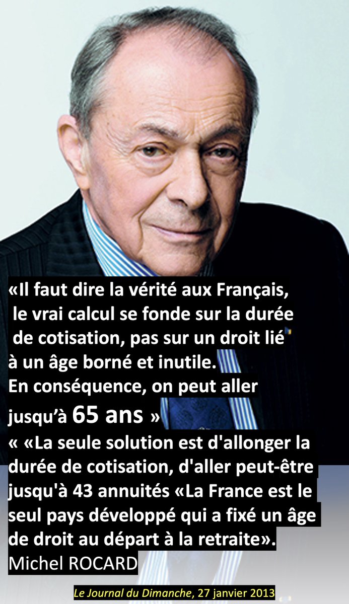 Difficile d'en débattre sur Twitter mais je rappelle, pour mémoire, que #MichelRocard avait proposé l'idée de 43 annuités (et d'aller jusqu'à 65 ans) dès 2013. 
Rocardien depuis mes 18 ans, je crois pouvoir dire qu'il aurait été horrifié par les positions actuelles de la #NUPES