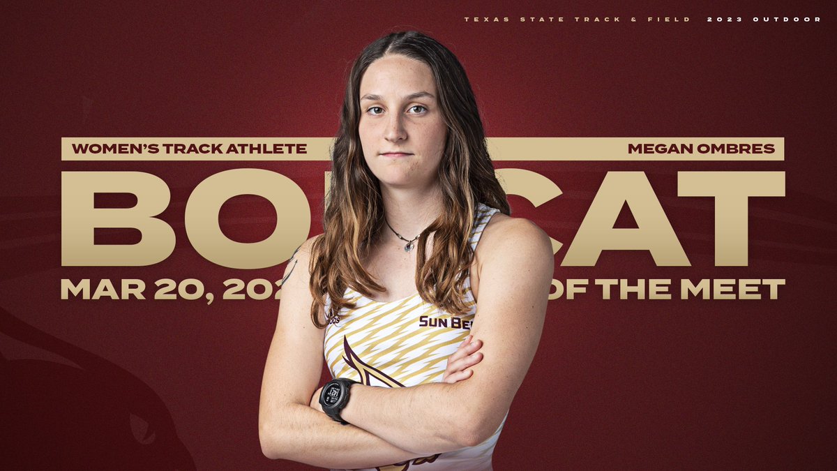 TXStateTrack's tweet photo. 𝗧𝗵𝗶𝘀 𝗪𝗲𝗲𝗸'𝘀 𝗕𝗼𝗯𝗰𝗮𝘁𝘀 𝗼𝗳 𝘁𝗵𝗲 𝗠𝗲𝗲𝘁

Long jump: Chris Preddie 🥇
Hammer throw: Elisabet Runarsdottir 🥇
High jump: Katherine Stuckly 🥇
3000 steeplechase: Megan Ombres (PR)

#EatEmUp https://t.co/iTuOETyZBg