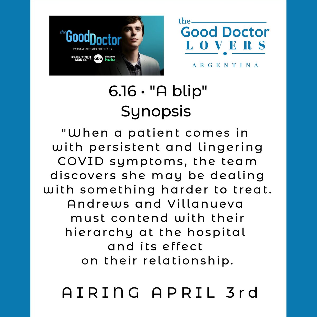 TheGoodDoctorAr's tweet photo. It's a good time for a Synopsis. 

Episode 6.16 #ABlip

@gooddrwriters &amp; Director: TBA

#TheGoodDoctor
#FreddieHighmore
@GoodDoctorABC
@ABCNetwork
@SPTV https://t.co/0fgRMm6QmM
