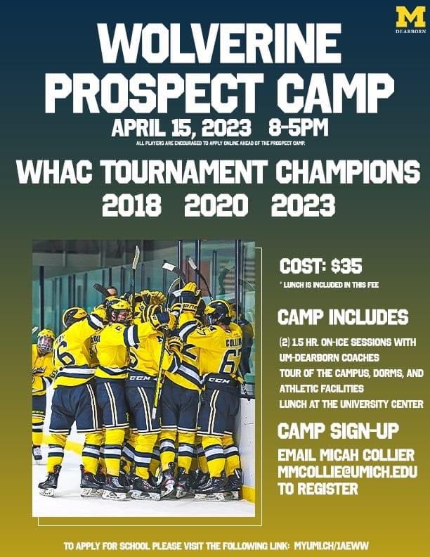 EliteLakes's tweet photo. Interested in playing hockey for the University of Michigan-Dearborn? Sign up for our prospect camp on April 15! Email Micah Collier at mmcollie@umich.edu to register. We look forward to seeing you there! https://t.co/PziLkkpZ3K
