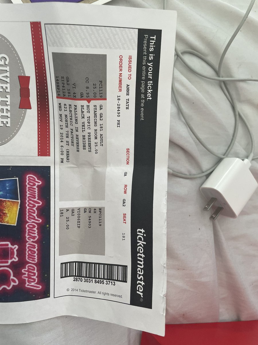 emma31600's tweet photo. My mum found the ticket to my first ever concert 🥹 @blackveilbrides with @FIROfficial as openers! Tbt to 2014 😭 https://t.co/I3bHzVaj34