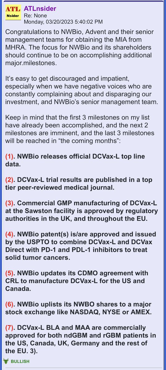 ATLnsider's tweet photo. Congratulations $NWBO &amp; Advent for obtaining MIA from MHRA that authorizes commercial manufacturing of #DCVax-L. This is another major milestone accomplished. We’re surrounded by negative voices on social media 24/7/365. It’s important to focus on milestones not daily stock price https://t.co/gmMmwGGLqW