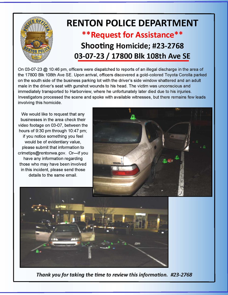 RentonpdWA's tweet photo. ****REQUEST FOR ASSISTANCE****

Re:  Homicide on 03-07-23.   /clm https://t.co/swPyohnmPu