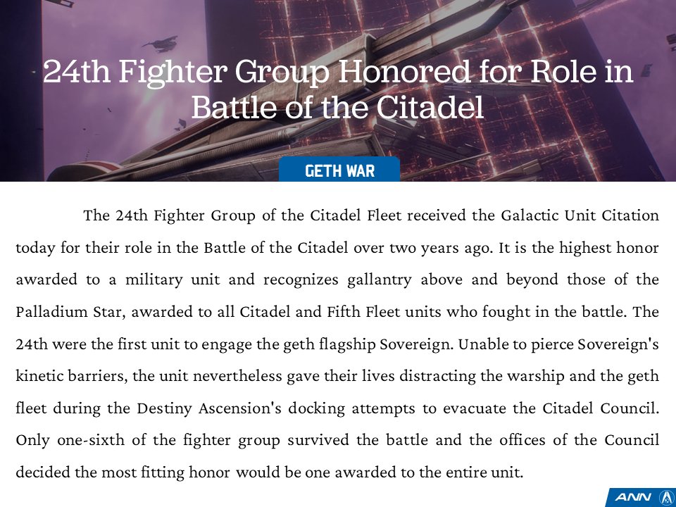 ANN_Updates's tweet image. 24th Fighter Group honored for role in Battle of the Citadel. #MassEffect