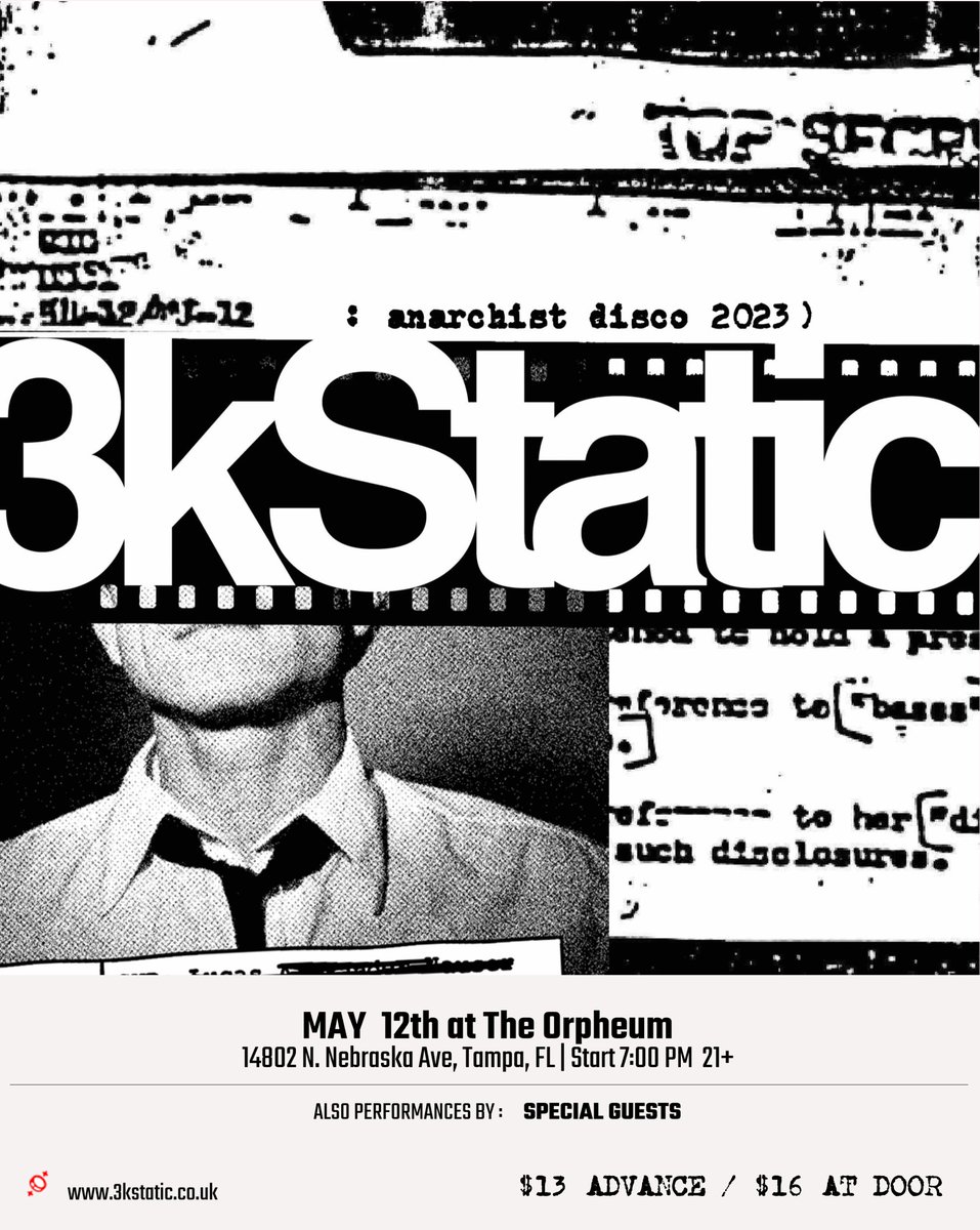 3kstatic's tweet photo. Anarchist Disco. Live, Tampa. 12 May. $13 adv, $16 at door. On sale 27 March. #3kstatic https://t.co/lBpMn3tu14