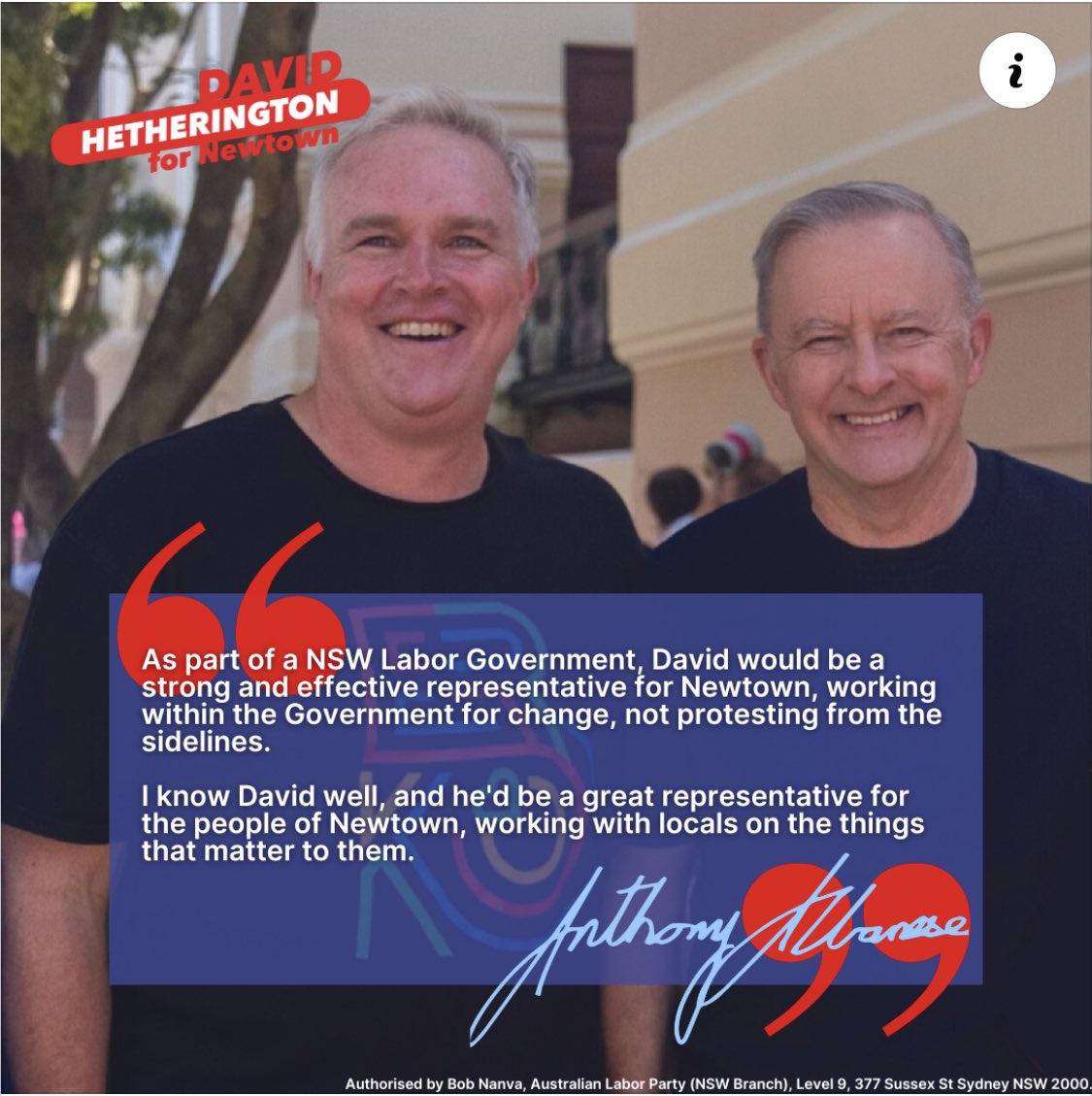 Thank you @AlboMP for your support and for your tireless and lifelong representation of our inner-west community. #laborfornewtown #vote1davidhetherington #election25march #prepollnow