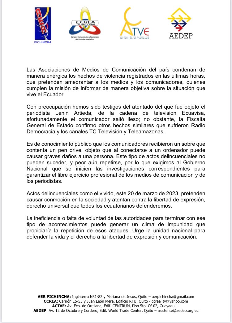 ACTVE_Ecuador's tweet photo. Comunicado al 🇪🇨 @CCREA_TV @AEDEPoficial1 @EcuavisaInforma @AerPichincha https://t.co/EuC4adJkTa