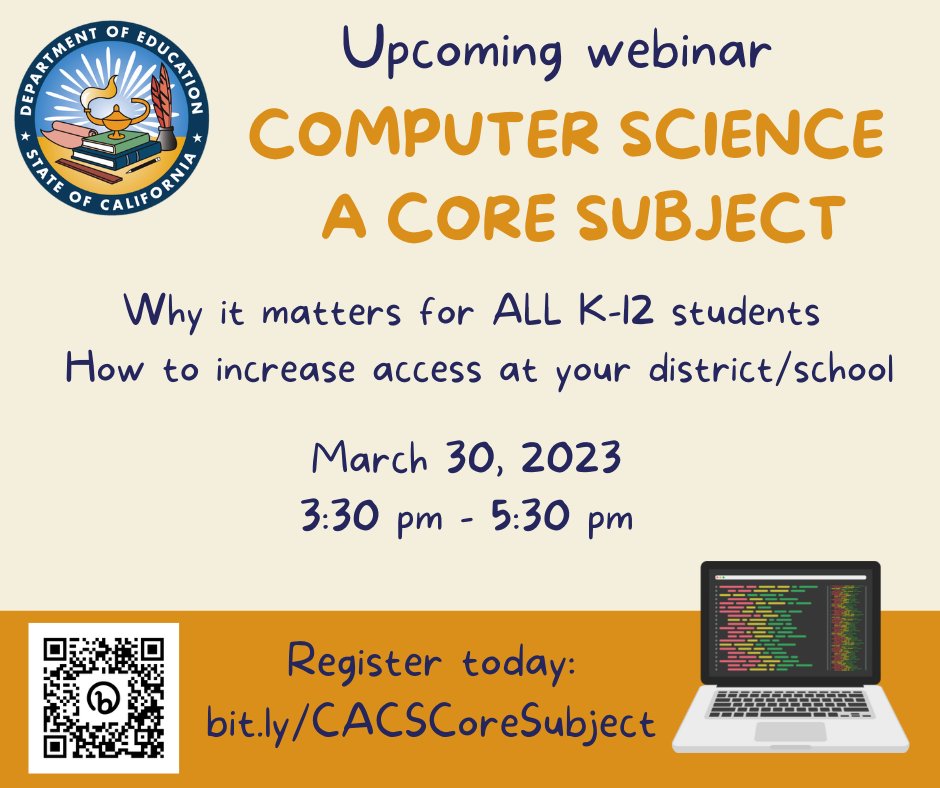 As the impact of AI and computing technologies on our society increases, it is vital we include CS learning opportunities for ALL students. Learn more about what implementation of  CA CS standards can look like in your school. Registration: bit.ly/CACSCoreSubject
