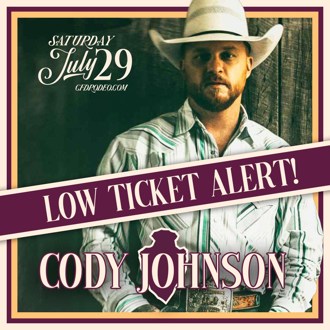 Don't miss out on seeing Cody Johnson at CFD! There are a handful of single GA seats left! Tunes on the Terrace and Party Zone are moving fast! Get Yours: ecs.page.link/ZEF8w