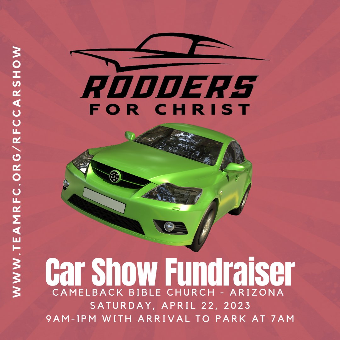 Racers For Christ (@teamrfc) on Twitter photo We are hosting our first car show fundraiser! It will be April 23 from 9am-1pm at Camelback Bible Church in Paradise Valley, AZ. Registration is $40/car and includes entry, donuts, coffee and lunch
For full information and to register, go to teamrfc.org/rfccarshow We are hosting our first car show fundraiser! It will be April 23 from 9am-1pm at Camelback Bible Church in Paradise Valley, AZ. Registration is $40/car and includes entry, donuts, coffee and lunch
For full information and to register, go to teamrfc.org/rfccarshow