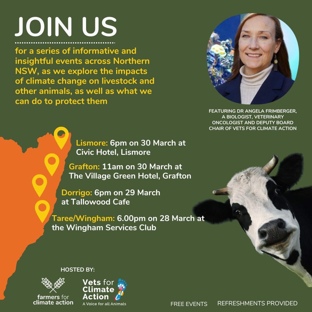 Farmers for Climate Action (@farmingforever) on Twitter photo FCA and <a href="/Vets4climateact/">vets4climateact</a> are coming to Northern NSW to chat about how climate change affects the welfare of livestock and how we can best ensure our animals have healthy and productive futures 🐮🐷🐔
RSVP here: farmersforclimateaction.org.au/portfolio/prot… FCA and <a href="/Vets4climateact/">vets4climateact</a> are coming to Northern NSW to chat about how climate change affects the welfare of livestock and how we can best ensure our animals have healthy and productive futures 🐮🐷🐔
RSVP here: farmersforclimateaction.org.au/portfolio/prot…