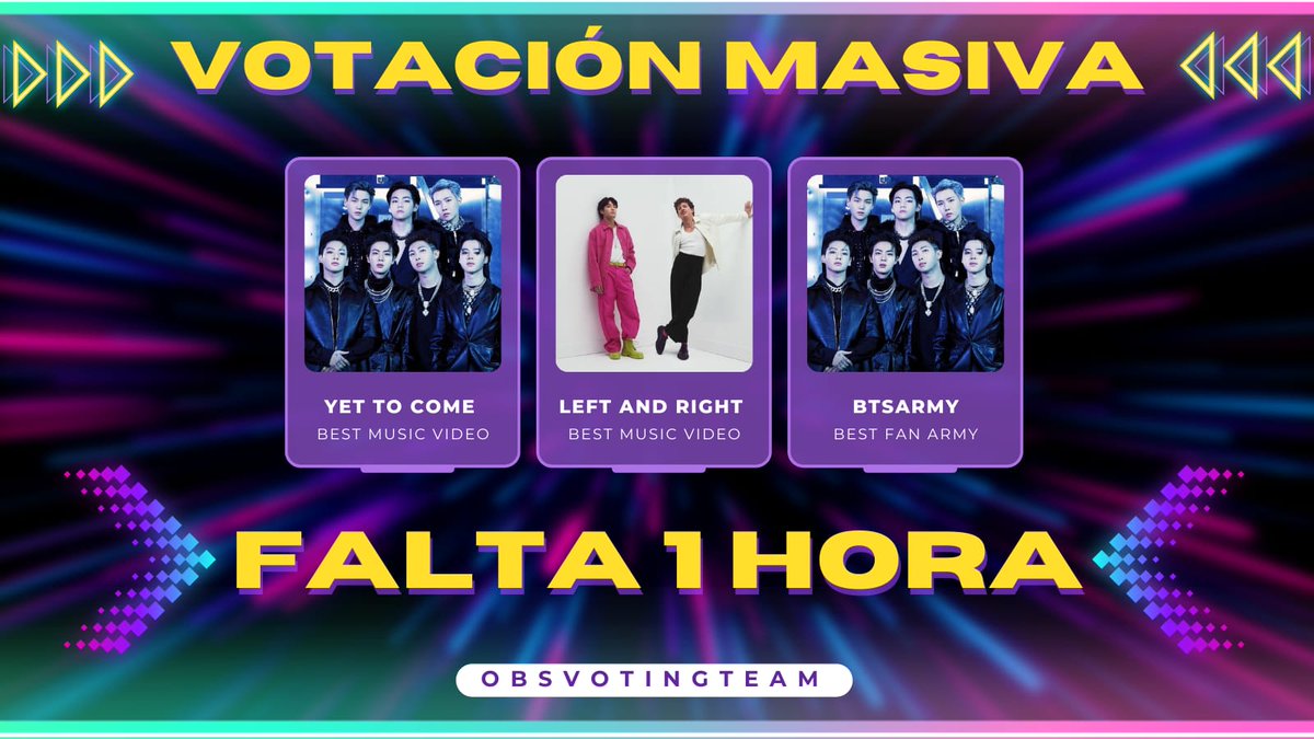 ArgVotaciones's tweet photo. 🗳️IHEART MASS VOTING 🗳️

Una hora para que comience la votación masiva! 

Comencemos a utilizar:
🔑ARMY VOTE ON IHEART 
I vote #YetToCome as #BestMusicVideo at the 2023 #iHeartAwards! https://t.co/gIn2a0fUVF