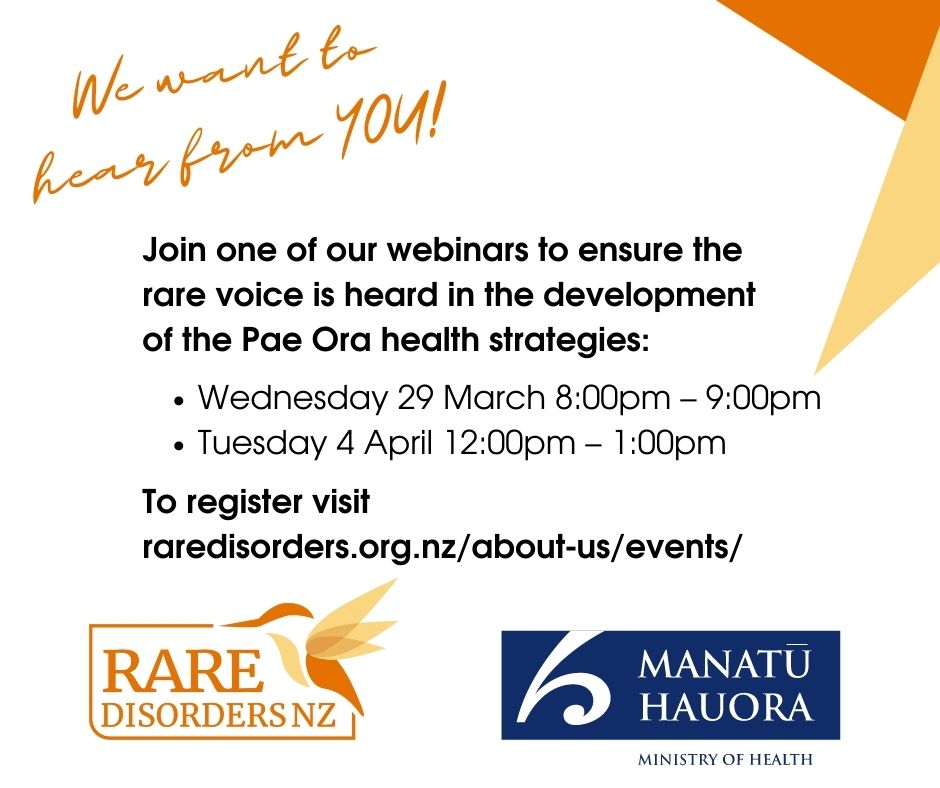 Don’t miss this opportunity to have your say on the new Pae Ora health strategies! Rare Disorders NZ is working with Manatū Hauora to ensure the rare voice is included in the development of the Pae Ora health strategies. Register today raredisorders.org.nz/about-us/event…