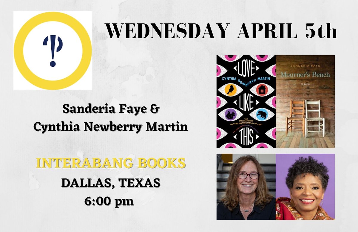 catchingdays's tweet photo. Who lives in Dallas, or nearby? Come talk books with @SanderiaFaye and me WED 4-5-23 6:00pm @interabangbooks #50bookstores #mournersbench #lovelikethis @VineLeavesPress @uarkpress #whatdothesebookshaveincommon https://t.co/5rpHecfQZv
