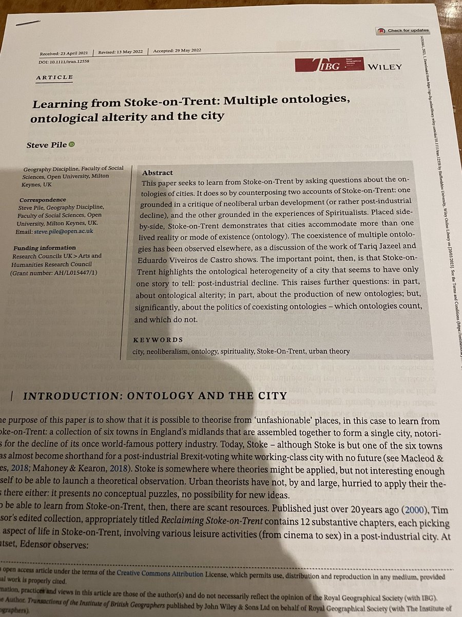 ‘Learning from Stoke-on-Trent …’ Paper in current paper issue of TiBG by Steve Pile. Important on ontological alterity, even if I don’t agree with the essentialist binary framing of political economy, but hope to air these thoughts by reply and exchange